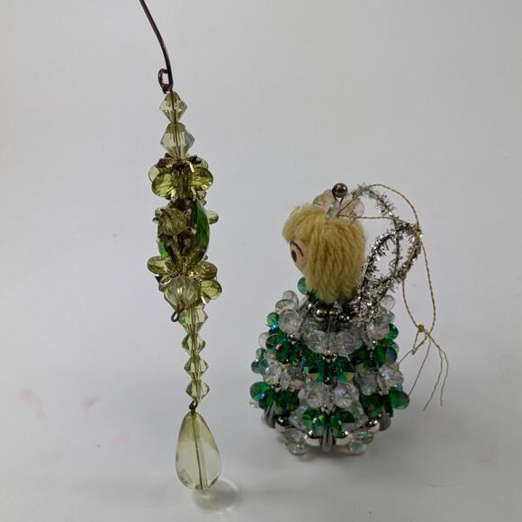 Vintage Beaded Christmas Ornament Cross Safety Pin Angel Green 90s Handmade OOAK - Picture 2 of 15